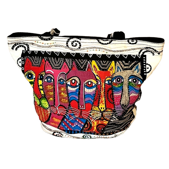 LAUREL BURCH Colorful Cat Print Canvas Shoulder Bag NWT Beaded Crazy Cat Lady - Picture 1 of 12